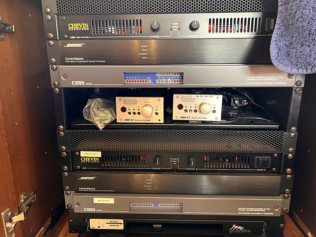 AV rack with amplifiers on board a yacht